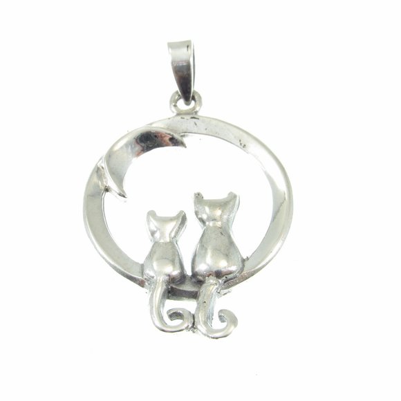 Solid 925 Sterling Silver Pair of Cats and Crescent Moon Pendant Cat Lady Gift - Picture 3 of 8